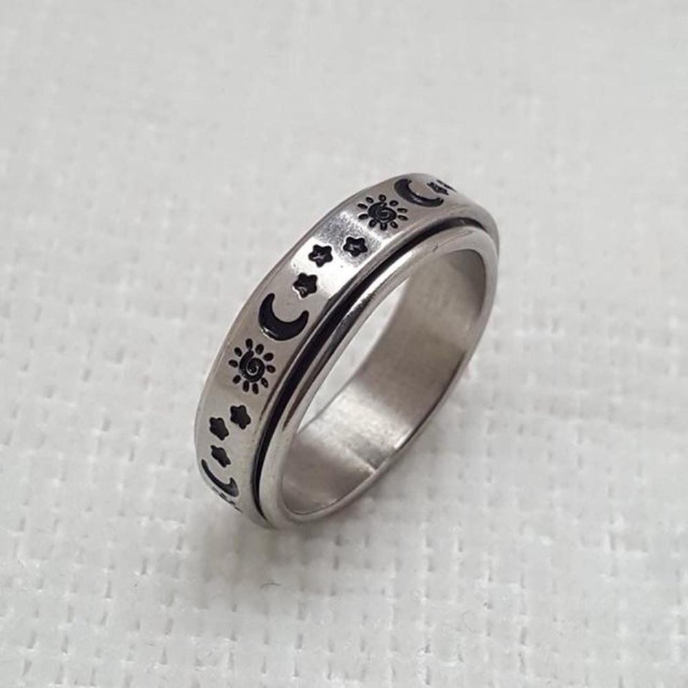 Silver and Black Spinner Moon Star Sun Ring